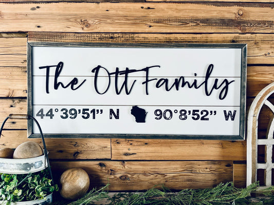 Personalized Family Name Sign with Home Coordinates | Custom Latitude & Longitude Sign