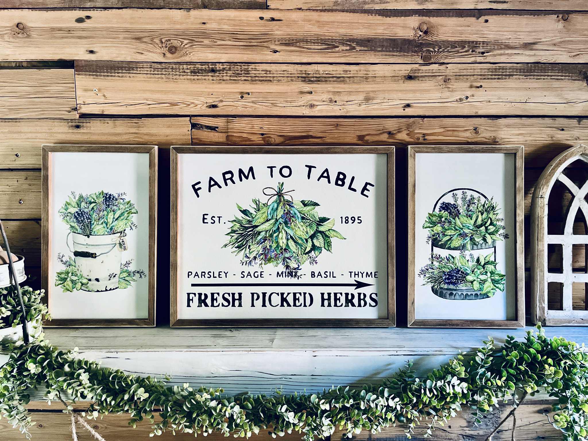 Farm to Table Herb Kitchen Sign Set – Framed Botanical Wall Art – Fresh Picked Herbs, Parsley Sage Mint Basil Thyme – Rustic Farmhouse Kitchen Decor