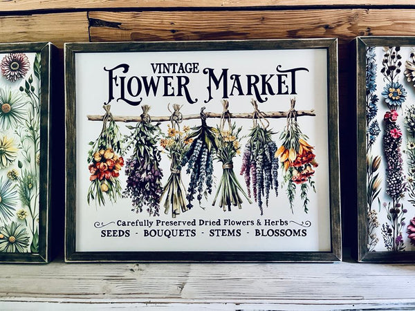 Vintage Flower Market Sign Set – Wildflower Wall Art – Botanical Framed Prints – Garden-Inspired Farmhouse Decor – UV Printed Wood Signs