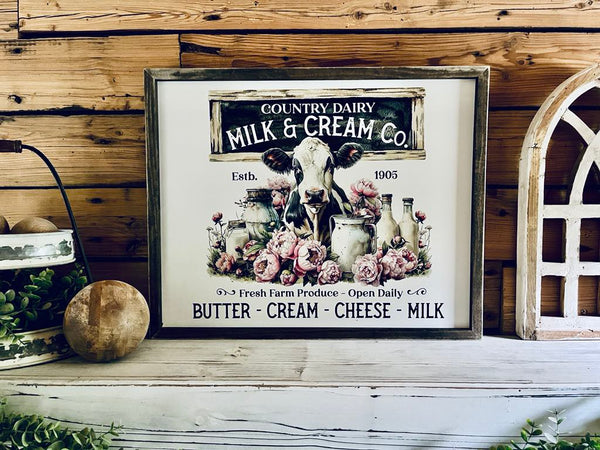 Vintage Country Dairy Cow Farmhouse Sign | Milk and Cream Co Kitchen Wall Art | Rustic Barn Decor with Flowers and Cow | Butter Cream Cheese Milk
