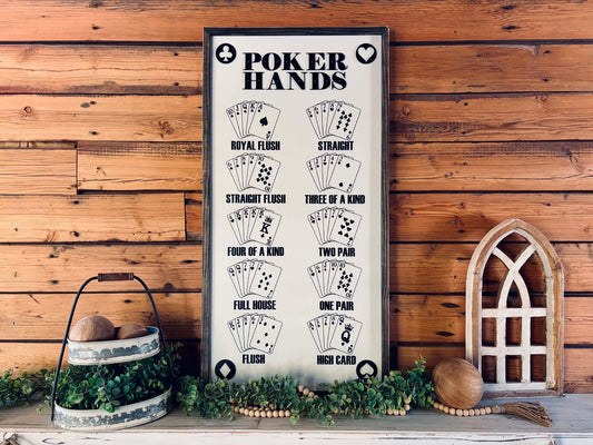 Poker Hands Wood Sign | Game Room Wall Art & Decor | Texas Hold'em Cheat Sheet Sign for Man Cave