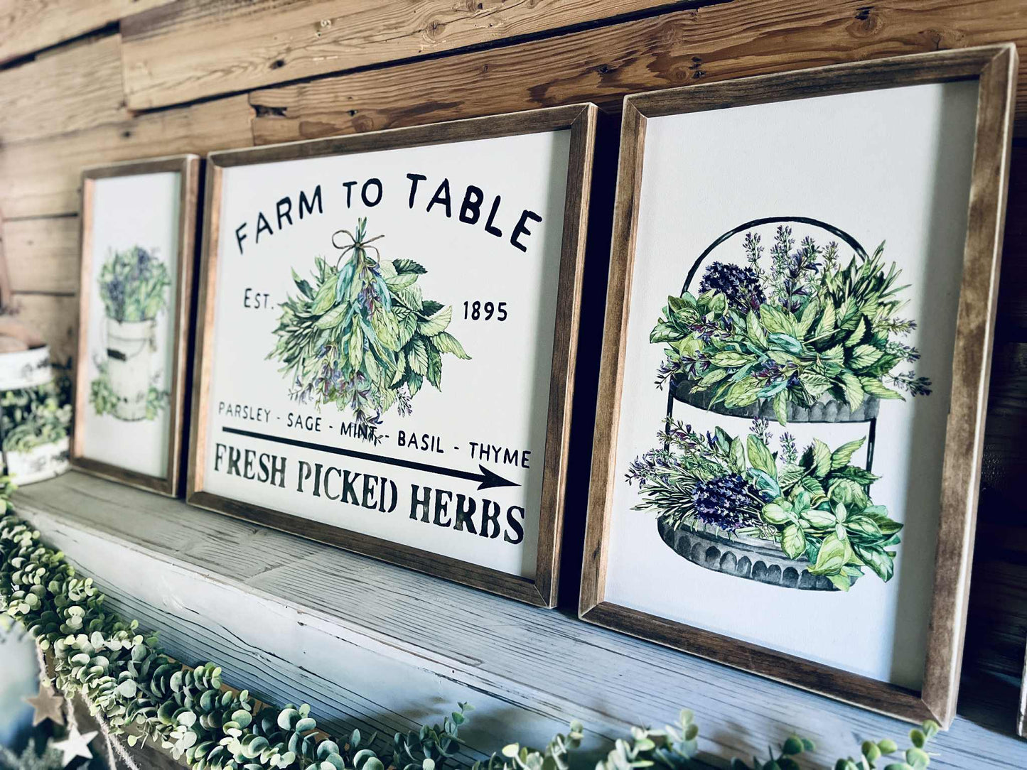 Farm to Table Herb Kitchen Sign Set – Framed Botanical Wall Art – Fresh Picked Herbs, Parsley Sage Mint Basil Thyme – Rustic Farmhouse Kitchen Decor