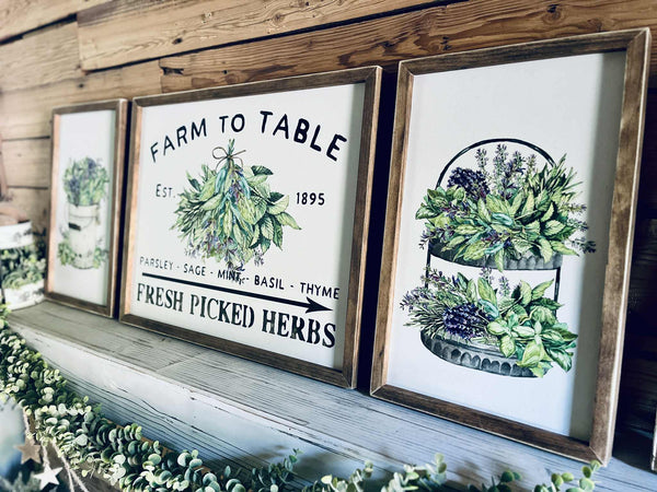 Farm to Table Herb Kitchen Sign Set – Framed Botanical Wall Art – Fresh Picked Herbs, Parsley Sage Mint Basil Thyme – Rustic Farmhouse Kitchen Decor