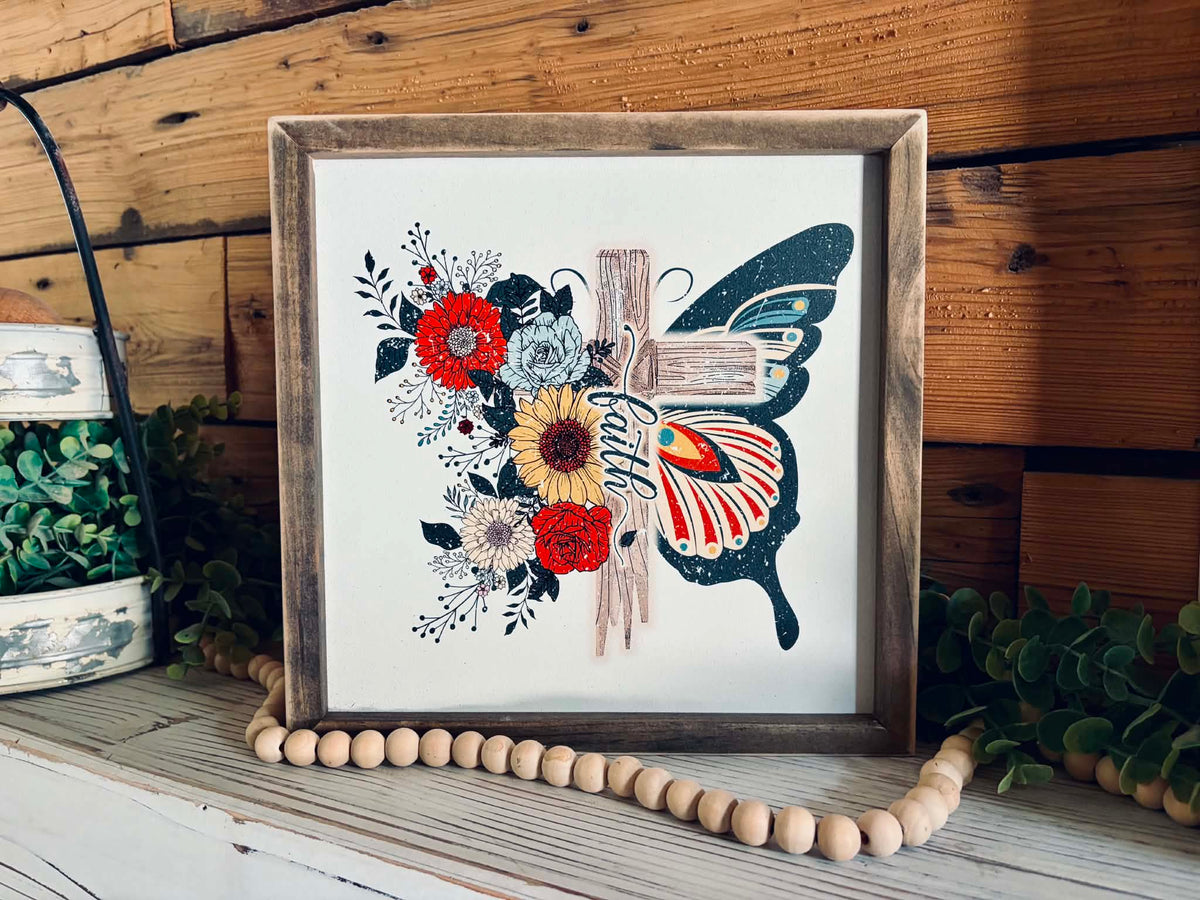 Faith Butterfly Cross Sign | Floral Christian Framed Wood Decor