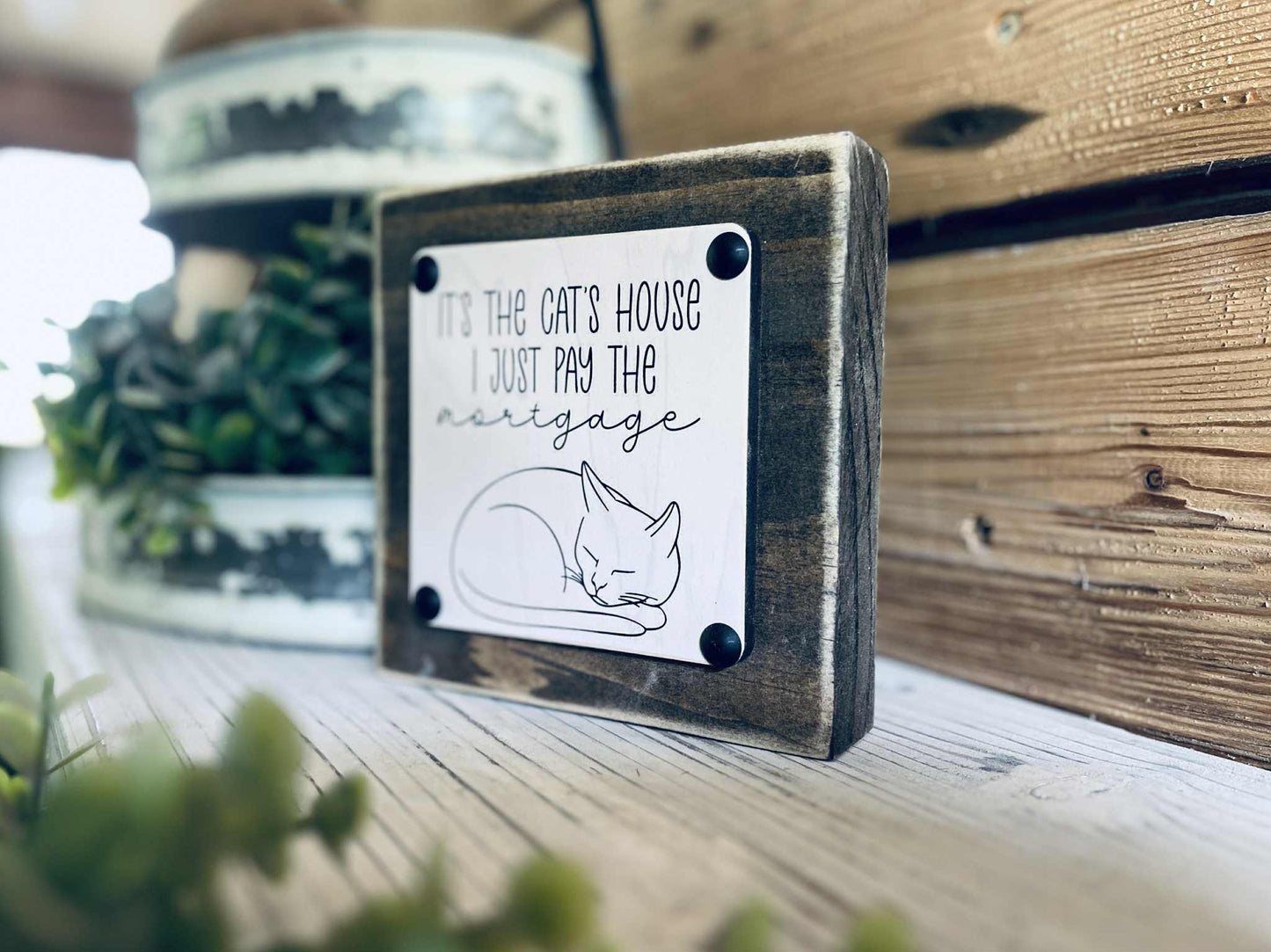 Funny Cat Lover Gift | It’s the Cat’s House I Just Pay the Mortgage Sign | Small Wood Shelf Sign | Farmhouse Cat Decor | Cat Mom Home Decor