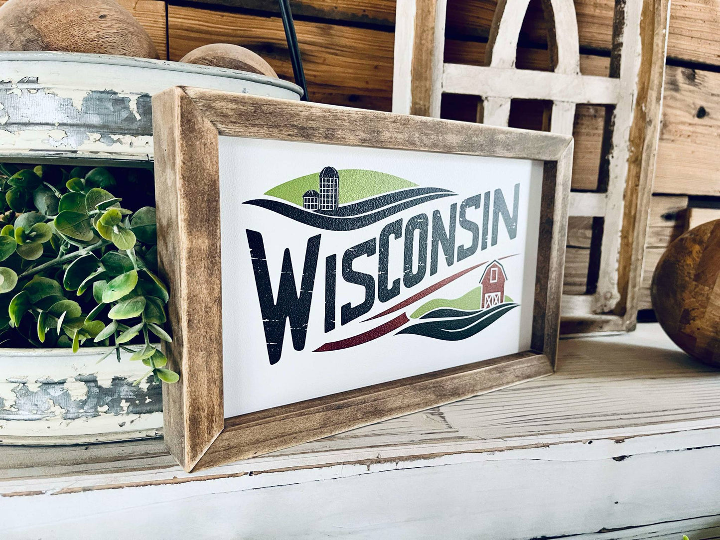 Wisconsin Farmhouse Wood Sign | Barn and Silo Wall Art | Framed Country Decor | Printed Wisconsin State Sign for Home or Gift