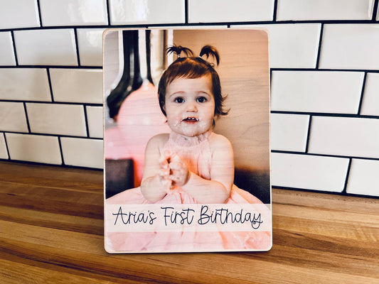 Custom First Birthday Photo Shelf Sitter | Personalized Baby Picture on Wood