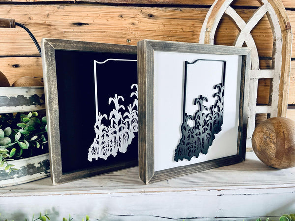Framed Indiana Cornfield Sign with Raised Lettering – Farmhouse Chic State Outline, 3D Laser Cut Wall Art