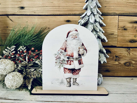 Vintage Santa Tabletop Sign – Farmhouse Christmas Freestanding Décor