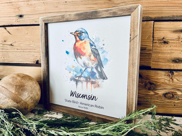 Wisconsin State Bird Sign - Watercolor American Robin Print - Wood Framed Wall Art - Home Decor Gift