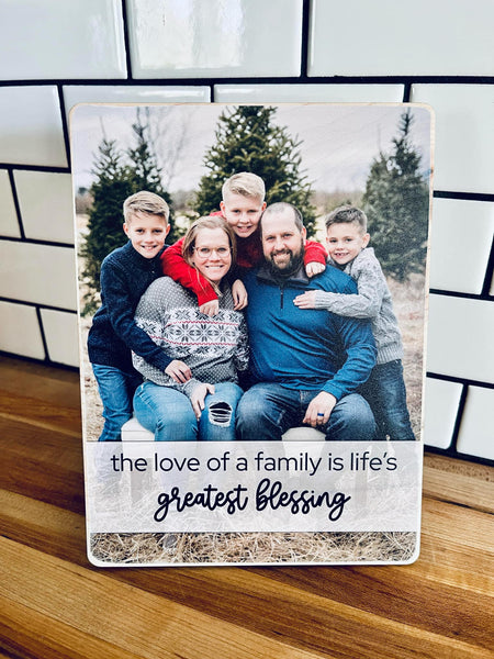 Family Photo on Wood | Custom Shelf Sitter with Personalized Quote or Name