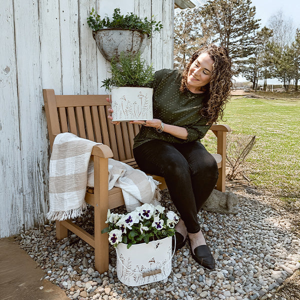 Rustic Cream Mushroom Embossed Metal Buckets, Set of Two