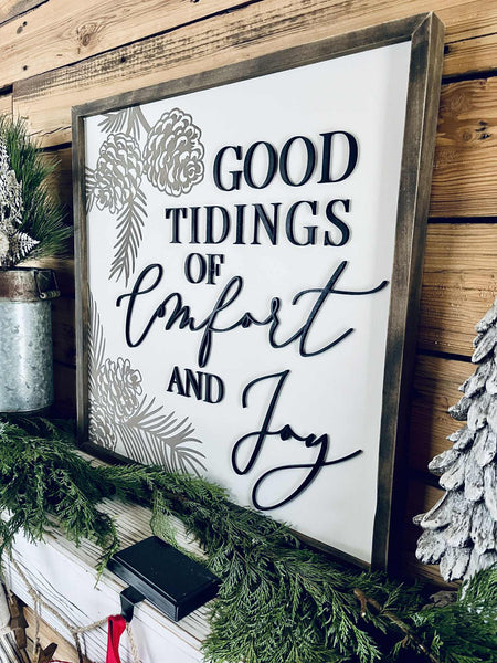 Good Tidings of Comfort and Joy Christmas Farmhouse Wood Sign – Holiday Wall Decor