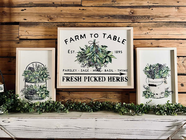 Farm to Table Herb Kitchen Sign Set – Framed Botanical Wall Art – Fresh Picked Herbs, Parsley Sage Mint Basil Thyme – Rustic Farmhouse Kitchen Decor