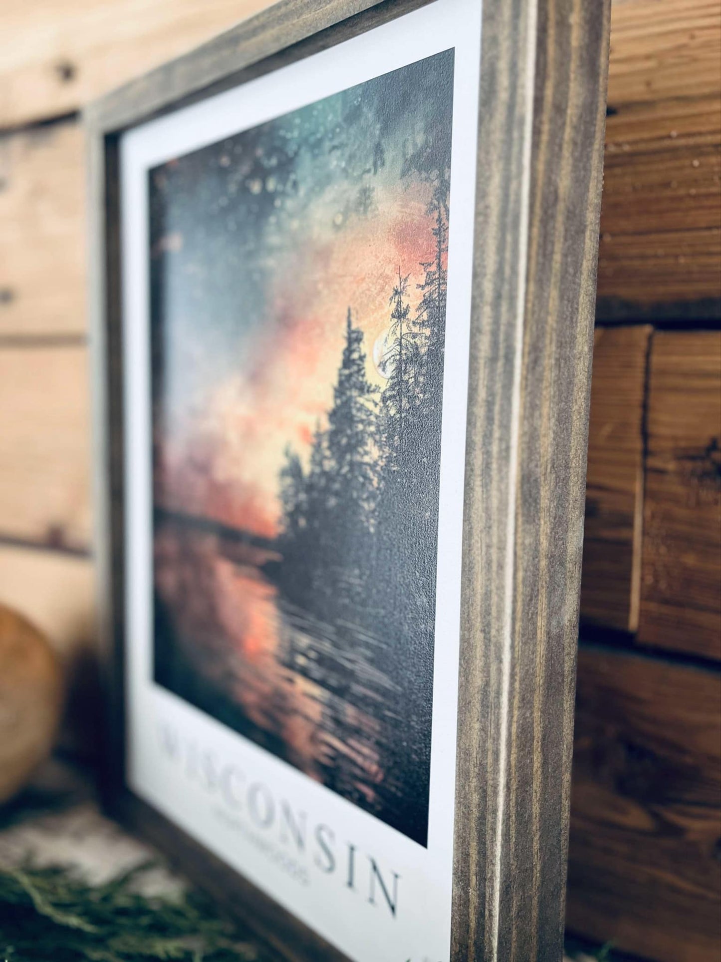 Wisconsin Northwoods Wall Art - Framed Night Sky Print with Lake & Trees | Northern Lights | Cabin Decor | Nature-Inspired Wisconsin Gift