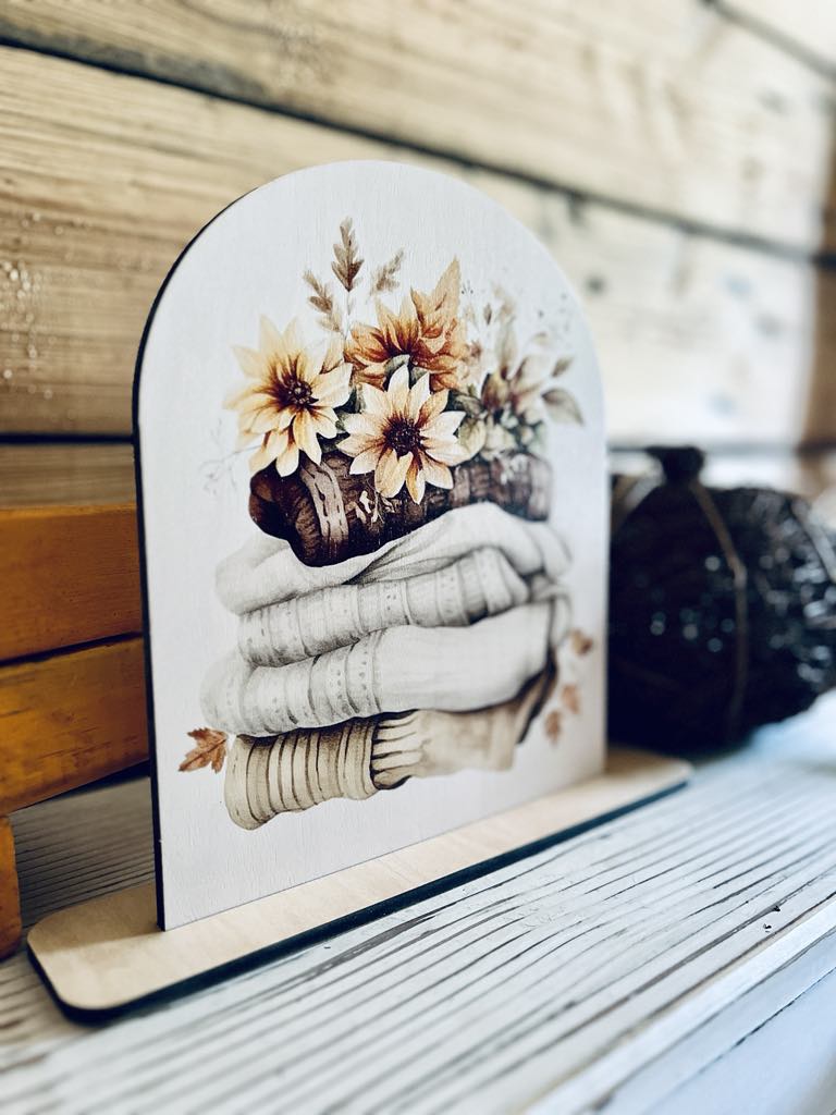 Fall Sweater Weather Shelf Sitter Sign | Cozy Autumn Decor with Sunflowers & Pumpkins | UV Printed Wood Sign for Tiered Tray Display