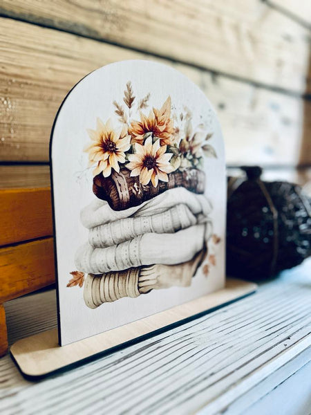 Fall Sweater Weather Shelf Sitter Sign | Cozy Autumn Decor with Sunflowers & Pumpkins | UV Printed Wood Sign for Tiered Tray Display