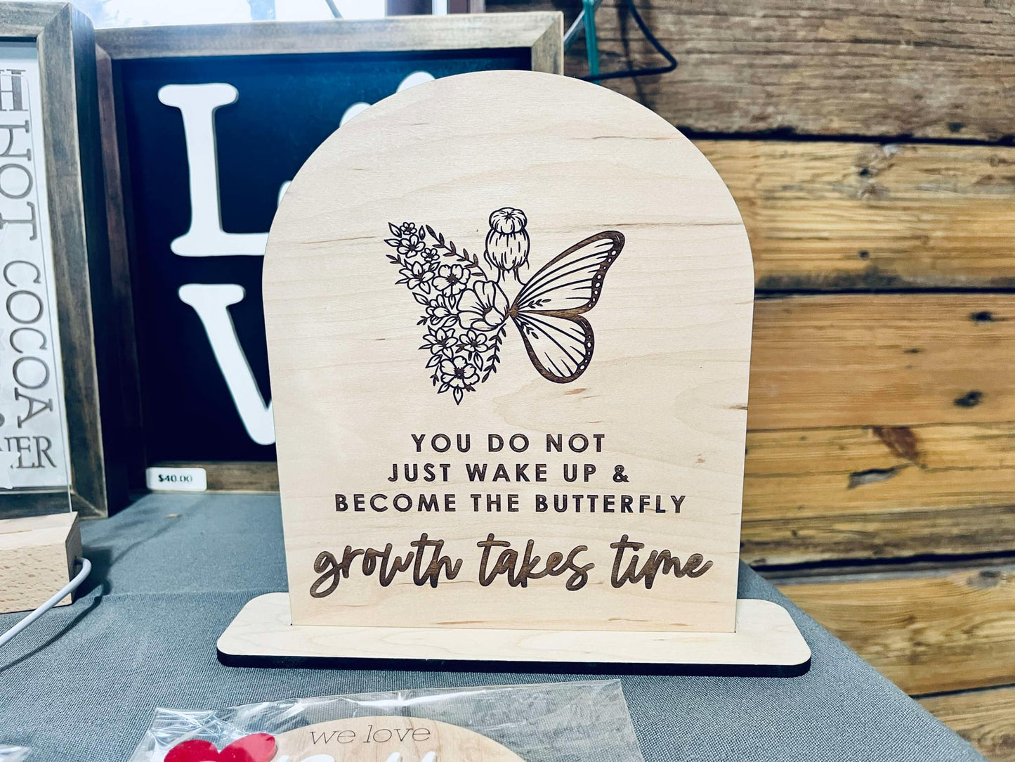 Growth Takes Time" Engraved Maple Wood Sign - Inspirational Shelf Decor - Butterfly and Floral Design - Motivational Gift for Home or Office