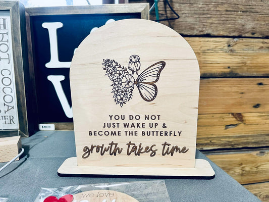Growth Takes Time" Engraved Maple Wood Sign - Inspirational Shelf Decor - Butterfly and Floral Design - Motivational Gift for Home or Office