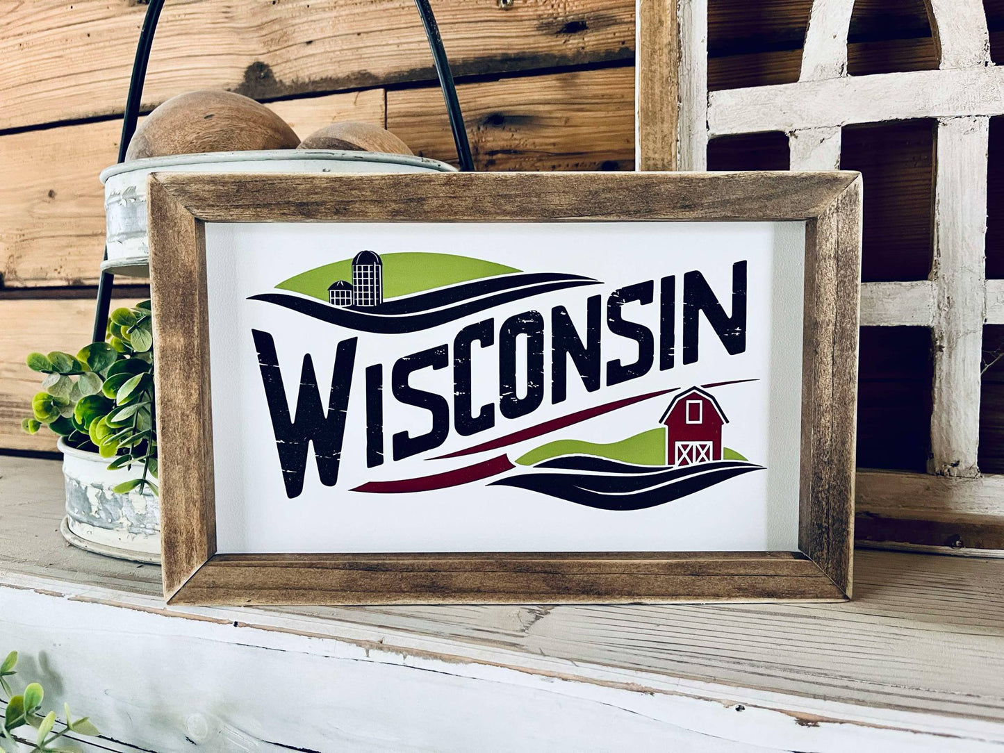 Wisconsin Farmhouse Wood Sign | Barn and Silo Wall Art | Framed Country Decor | Printed Wisconsin State Sign for Home or Gift