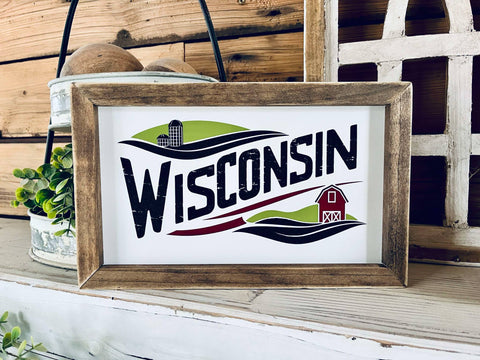 Wisconsin Farmhouse Wood Sign | Barn and Silo Wall Art | Framed Country Decor | Printed Wisconsin State Sign for Home or Gift
