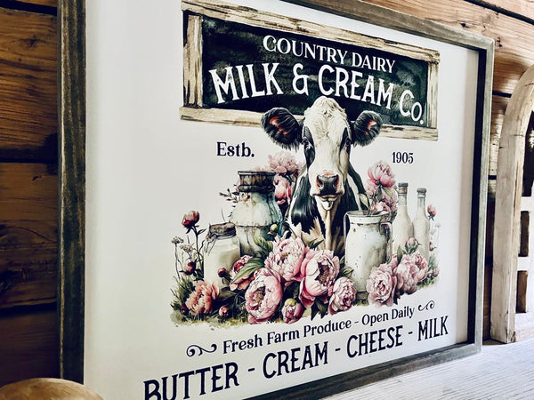 Vintage Country Dairy Cow Farmhouse Sign | Milk and Cream Co Kitchen Wall Art | Rustic Barn Decor with Flowers and Cow | Butter Cream Cheese Milk