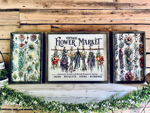 Vintage Flower Market Sign Set – Wildflower Wall Art – Botanical Framed Prints – Garden-Inspired Farmhouse Decor – UV Printed Wood Signs
