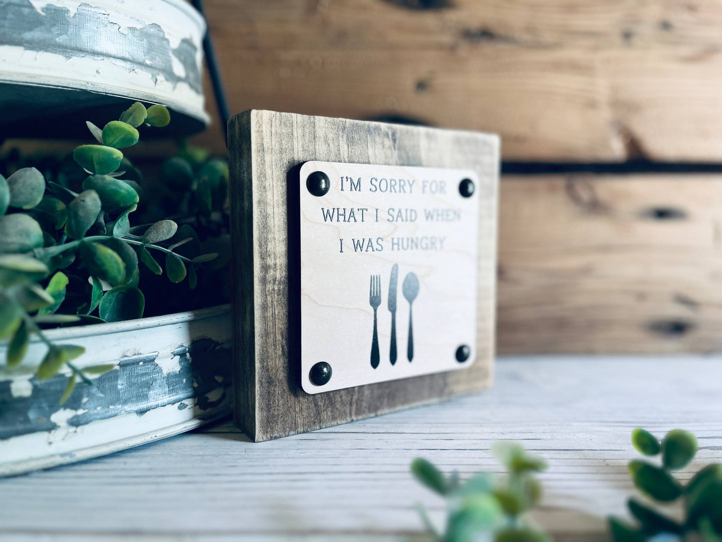 Funny Kitchen Shelf Sign | I'm Sorry for What I Said When I Was Hungry | Farmhouse Chic Home Decor | Wood Sign with Utensils | Funny Foodie Gift | Kitchen Wall Art