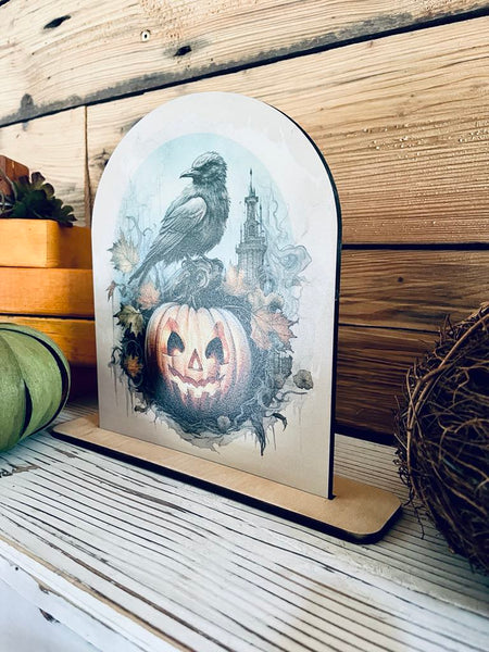 Halloween Crow and Pumpkin Wood Sign | Gothic Fall Decor | Spooky Jack-O'-Lantern Tabletop Display | Rustic Halloween Shelf Sitter