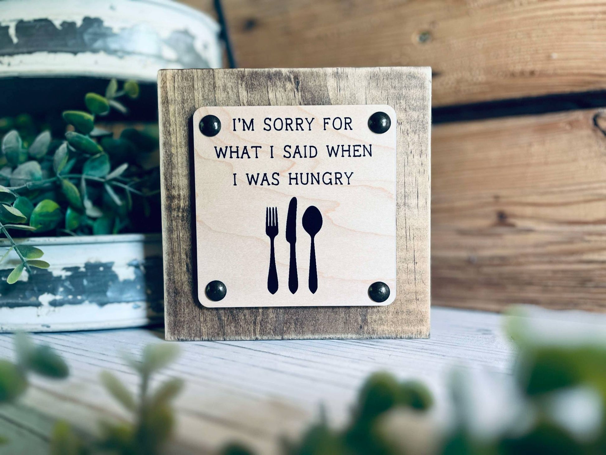 Funny Kitchen Shelf Sign | I'm Sorry for What I Said When I Was Hungry | Farmhouse Chic Home Decor | Wood Sign with Utensils | Funny Foodie Gift | Kitchen Wall Art