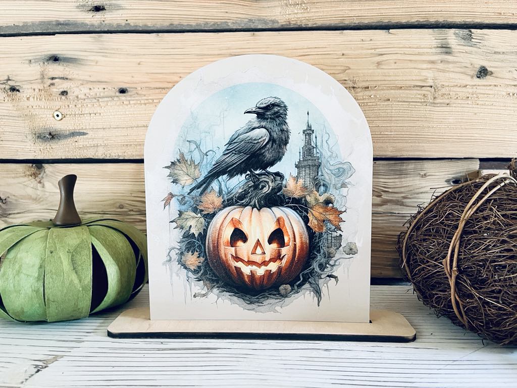 Halloween Crow and Pumpkin Wood Sign | Gothic Fall Decor | Spooky Jack-O'-Lantern Tabletop Display | Rustic Halloween Shelf Sitter