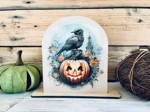 Halloween Crow and Pumpkin Wood Sign | Gothic Fall Decor | Spooky Jack-O'-Lantern Tabletop Display | Rustic Halloween Shelf Sitter