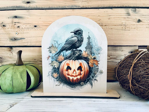 Halloween Crow and Pumpkin Wood Sign | Gothic Fall Decor | Spooky Jack-O'-Lantern Tabletop Display | Rustic Halloween Shelf Sitter