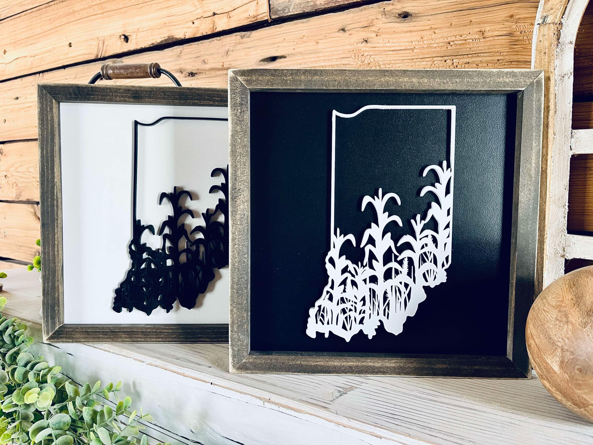 Framed Indiana Cornfield Sign with Raised Lettering – Farmhouse Chic State Outline, 3D Laser Cut Wall Art
