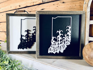 Framed Indiana Cornfield Sign with Raised Lettering – Farmhouse Chic State Outline, 3D Laser Cut Wall Art