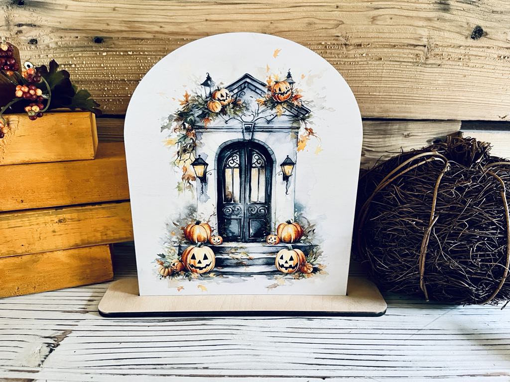 Halloween Porch Decor | Fall Pumpkin Door Sign | UV Printed Wood Arch Shelf Sitter | Farmhouse Halloween Decoration | Autumn Tabletop Decor