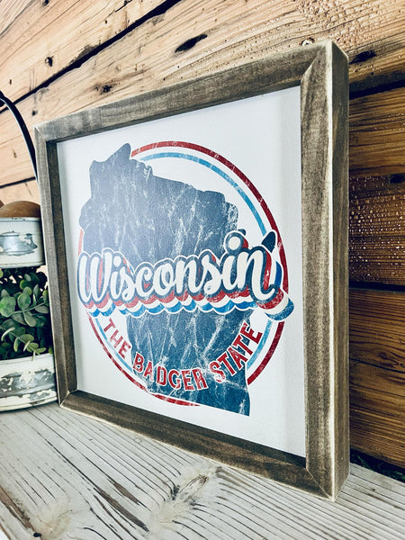Vintage Wisconsin Wall Sign | The Badger State Decor | Square Wooden UV Printed Design