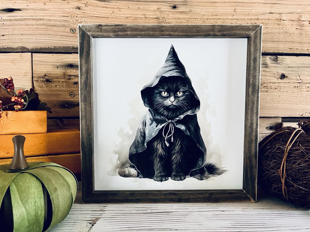 Framed Halloween Black Cat Sign | Witchy Fall Decor | UV Printed Spooky Cat Wall Art | Farmhouse Halloween Sign | 12x12 Print