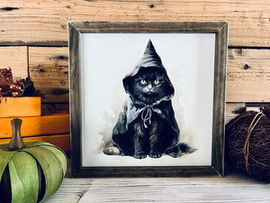 Framed Halloween Black Cat Sign | Witchy Fall Decor | UV Printed Spooky Cat Wall Art | Farmhouse Halloween Sign | 12x12 Print