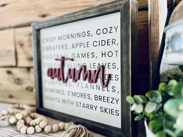 Autumn Farmhouse Sign – Raised Lettering Fall Décor with Cozy Word Collage