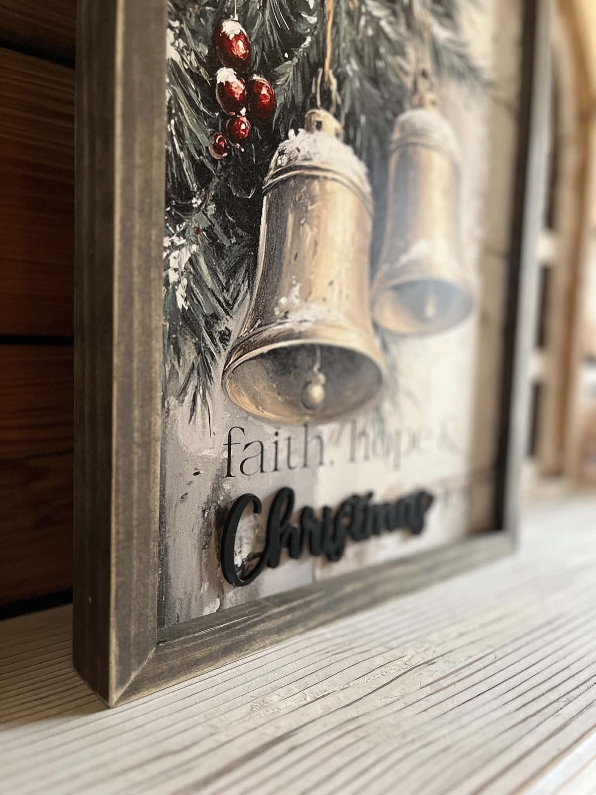 Faith, Hope & Christmas Joy Bells Sign | Rustic Christmas Wall Decor