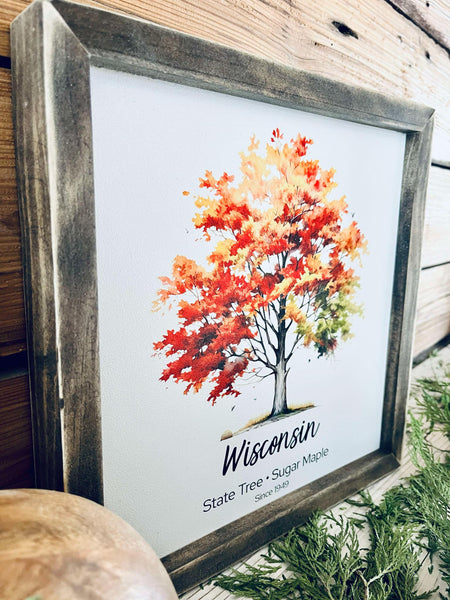 Wisconsin State Tree Sign - Sugar Maple Print - Fall Foliage Wall Art - Framed Nature Decor - Autumn Home Accent