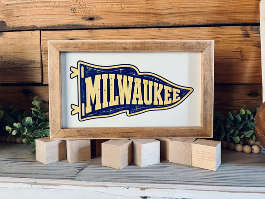 Vintage Milwaukee Pennant Framed Wood Sign | Wisconsin Baseball Wall Decor