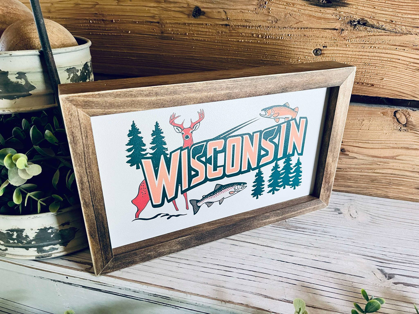 Rustic Wisconsin Wall Art – Framed State Sign with Deer, Fish & Trees – Farmhouse Cabin Decor – Midwest Travel Souvenir – Wisconsin Nature Gift