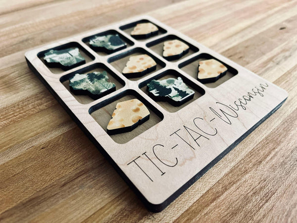 Wisconsin-Themed Tic Tac Toe Travel Game – Laser Cut Wood with Cheese & Forest Print Pieces