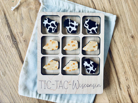 Fun Wisconsin Tic Tac Toe Travel Game – Laser Cut Wood with Cheese & Cow Print Pieces