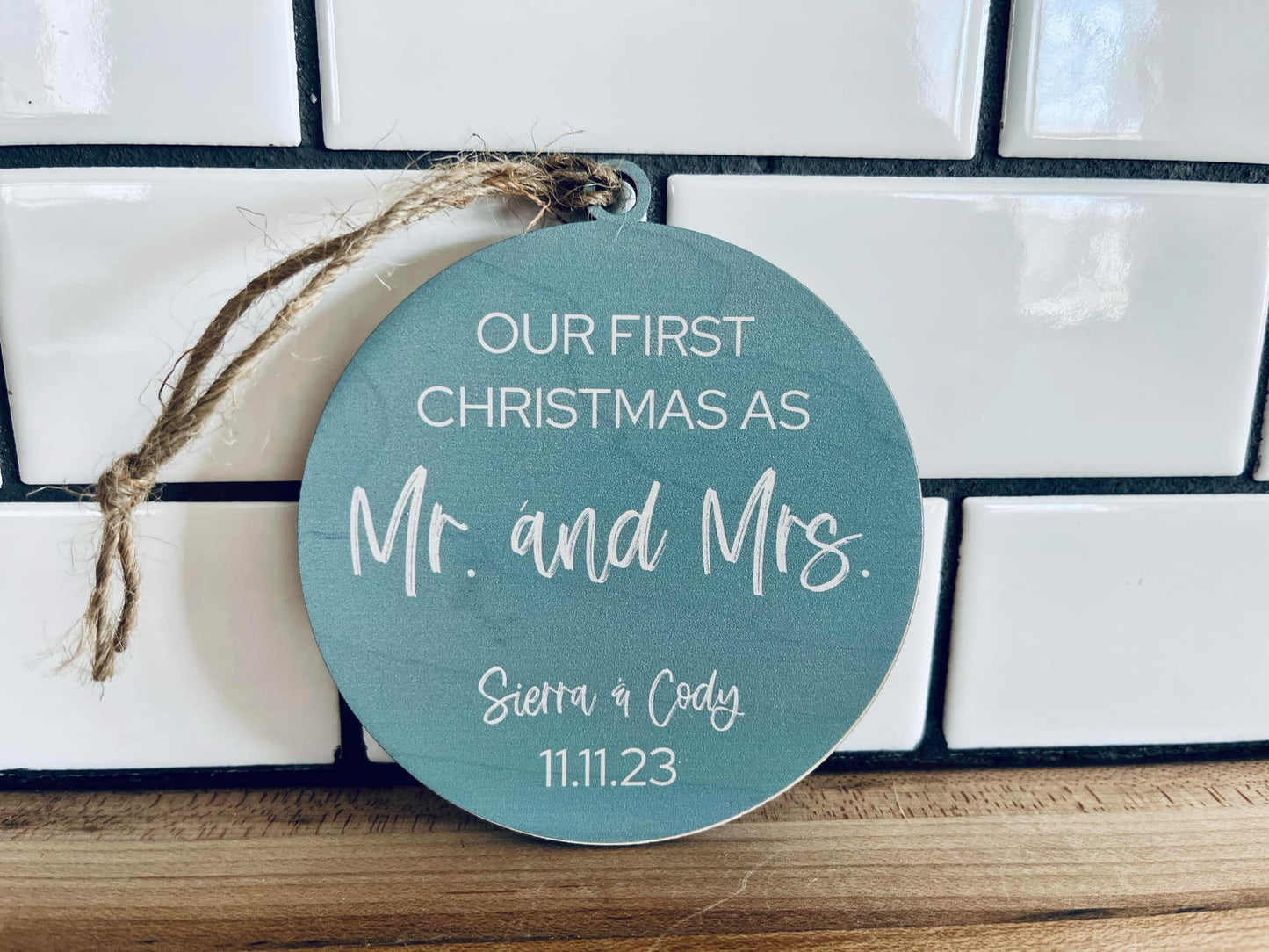 Personalized Double-Sided Wedding Ornament – Custom Photo & Text, Newlywed Gift, First Christmas as Mr. & Mrs., UV Printed on Maple