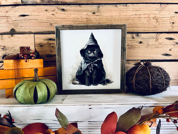 Framed Halloween Black Cat Sign | Witchy Fall Decor | UV Printed Spooky Cat Wall Art | Farmhouse Halloween Sign | 12x12 Print