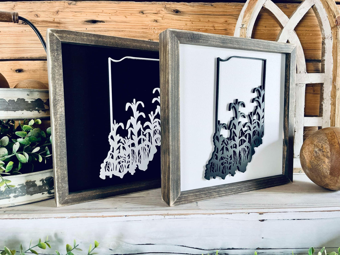 Framed Indiana Cornfield Sign with Raised Lettering – Farmhouse Chic State Outline, 3D Laser Cut Wall Art
