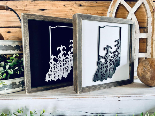 Framed Indiana Cornfield Sign with Raised Lettering – Farmhouse Chic State Outline, 3D Laser Cut Wall Art